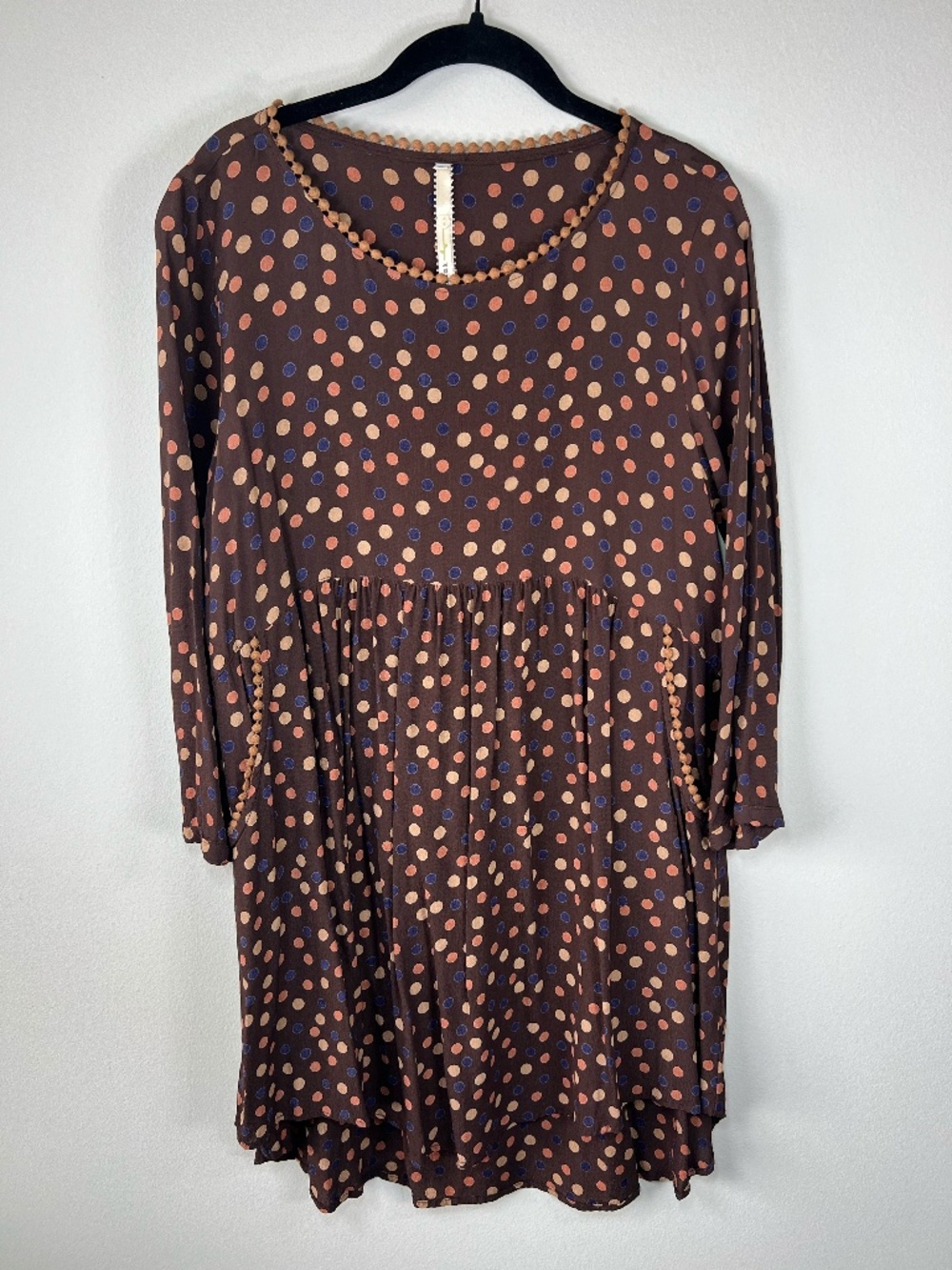 Uncle Frank Polka Dot Tunic Dress Brown Long Sleeve Pockets Lightweight Artsy Lg